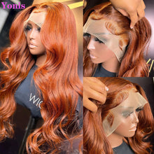 Load image into Gallery viewer, Yonis Light Chocolate Brown Orange Ginger Colored 13X4 HD Invisible Lace Front Wigs Human Hair Bodywave Brazilian Virgin Lace Front Human Hair Wigs 150% Density Pre Plucked With Natural Hairline
