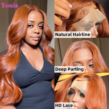 Load image into Gallery viewer, Yonis Light Chocolate Brown Orange Ginger Colored 13X4 HD Invisible Lace Front Wigs Human Hair Bodywave Brazilian Virgin Lace Front Human Hair Wigs 150% Density Pre Plucked With Natural Hairline
