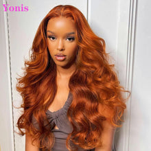 Load image into Gallery viewer, Yonis Light Chocolate Brown Orange Ginger Colored 13X4 HD Invisible Lace Front Wigs Human Hair Bodywave Brazilian Virgin Lace Front Human Hair Wigs 150% Density Pre Plucked With Natural Hairline
