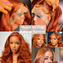 Load image into Gallery viewer, Yonis Light Chocolate Brown Orange Ginger Colored 13X4 HD Invisible Lace Front Wigs Human Hair Bodywave Brazilian Virgin Lace Front Human Hair Wigs 150% Density Pre Plucked With Natural Hairline
