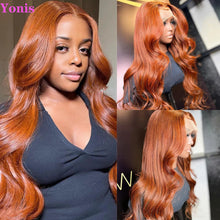 Load image into Gallery viewer, Yonis Light Chocolate Brown Orange Ginger Colored 13X4 HD Invisible Lace Front Wigs Human Hair Bodywave Brazilian Virgin Lace Front Human Hair Wigs 150% Density Pre Plucked With Natural Hairline
